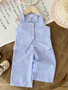 LMoss Kids Baby Girl Casual Striped Camisole And Pants Set, Summer - Blue and White - View 4