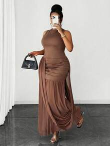 Maweii Plus Size Women Casual Vacation Ruffle Hem Fashionable Waist Cinched Bodycon Sexy Vacation Round Neck Dress - Brown - View 4