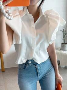 INAWLY 1pc Women's Solid Color Single-Breasted Casual Shirt With Puff Sleeve Design - White - View 4