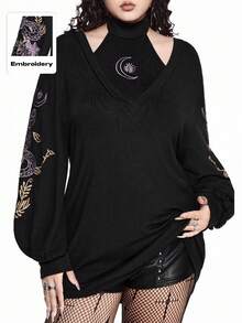 ROMWE Spring/Summerblack2pcs Gothic Snake Skin Floral Embroidery Design Women Set, Camisole + Outerwear Top - Black - View 8
