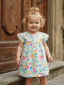 SHEIN Playful Pals 女婴可爱碎花荷叶袖休闲连衣裙，适合居家、户外、度假、聚会和日常穿着 - 彩色 - 查看 9