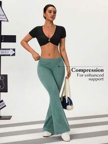 Flexra 女士纯色低腰修身喇叭牛仔裤 - 綠色 - 查看 3