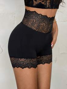 SHEIN PETITE Quần short biker cạp cao phối ren tương phản màu đen. - màu đen - Xem 4