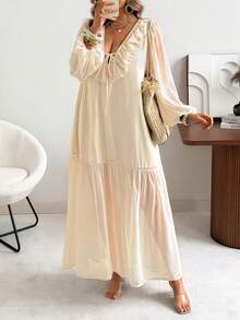 Vionelle Women's Loose Chiffon Plus Size Long Dress With Ruffle Hem And V Neck Extra Long Bishop Sleeve Bohemian Style - Apricot - View 7