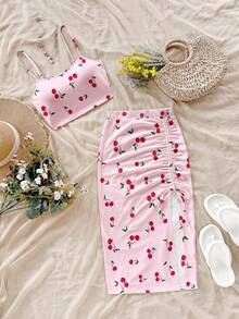 Soleia 女士夏季度假风樱桃印花吊带背心和抽绳褶皱高开衩裙两件套 - 粉色 - 查看 3