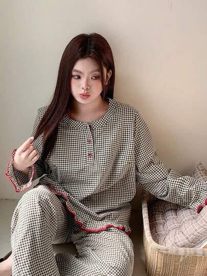 Dazy Plus 2pcs Plaid Loose Long Sleeve Top And Long Pants Pajama Set, Comfortable Home Wear For Spring/Summer