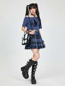 ROMWE Fairycore Áo thun nữ dáng ngắn cổ lệch in hình mèo, thích hợp mặc mùa hè. - Màu xanh hải quân - Xem 3