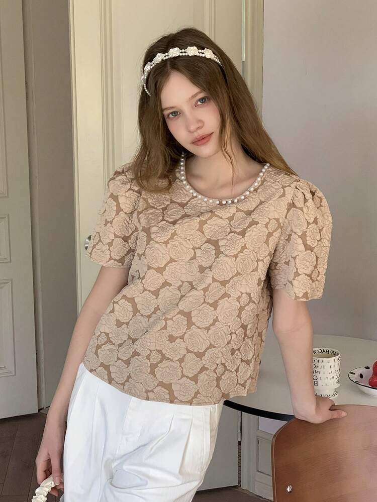 Teen Girls' Fashion Casual Faux Pearl Decorated Short Sleeve Blouse Spring Summer