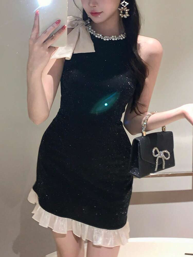 Women's Faux Pearl Bow Decor Color Block Long Dress Sundress