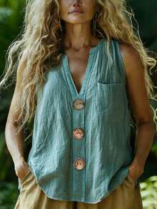 EMERY ROSE 女士休闲无袖上衣，带纽扣装饰和口袋，夏季 - 藍色 - 查看 1