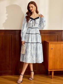 Vintamour Vintage Classic Elegant Women's Dress, Contrast Color Trim Bow Dress, Floral Print Dress, Long Sleeve Dress, Blue & White Flower Dress, Flared Hem Dress Cottagecore Dress French Style Dress Victorian Vintage Style Dress Lolita Dress Spring Outfit Women Spring Dress For Women Valentine's Day Outfit Party Dress Wedding Guest Dress For Women - Blue and White - View 6