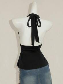 SHEIN Tall CURVE 新款加大码女式高个女孩深V领褶皱性感吊带背心，夏季上衣 - 黑色 - 查看 2