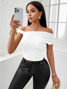 SOLERSUN Solid Asymmetrical Neck Ruched Top For Summer - White - View 7