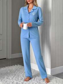 EURMUSE Classic Button Front Embroidered Pajama Set – Soft Long Sleeve Top & Comfy Straight Leg Pants Loungewear - Blue - View 6