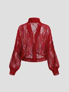 SHEIN Glamour Women Three Quarter Kimono Sleeve Red Sheer Blouse With Shawl Collar Regular Fit Sexy Patterned Top Sheer Cardigan Women Red Mesh Top Red Blouses Lace Kimono Red Lace Top - Red - View 4