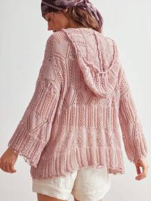 Bohemela Boho Spring/Summer , Vintage Women's Solid Color Hot Pink Minimalist Hollow Long Sleeve Hooded Sweater, Everyday Wear, Valentines For Women, Western Country Style Concert Party, Suitable For Beach Vacation & Daily Wear & Back To School & Going Outs & Party, Christmas , 2000s , Summer Holidays - Dusty Pink - View 7