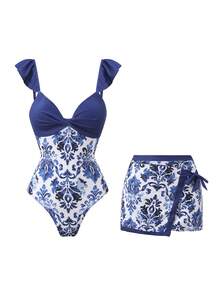 Swim Oasis Bộ đồ bơi nữ in hoa, váy xếp ly, kiểu dáng thường ngày, thích hợp cho kỳ nghỉ, gồm 2 mảnh, trang phục đi biển mùa xuân/hè/thu/đông, bộ đồ đi nghỉ mát cho nữ, trang phục dự tiệc bể bơi, trang phục câu lạc bộ bãi biển. - Xanh và trắng - Xem 4