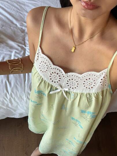 DAZY Floral Print Trim Patchwork Camisole Nightgown For Women