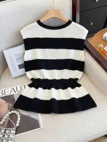 GlowEve Women's Casual Striped Cinched Waist Button-Up Cardigan Vest - Black and White - View 2