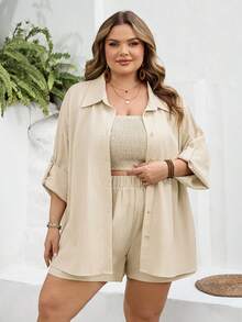 SHEIN CURVE+ Curve 尺码 US22 音乐节、海滨度假、波西米亚风女士休闲度假开衫、无肩带短裤、衬衫三件套、沙滩度假三件套 - 卡其色 - 查看 7