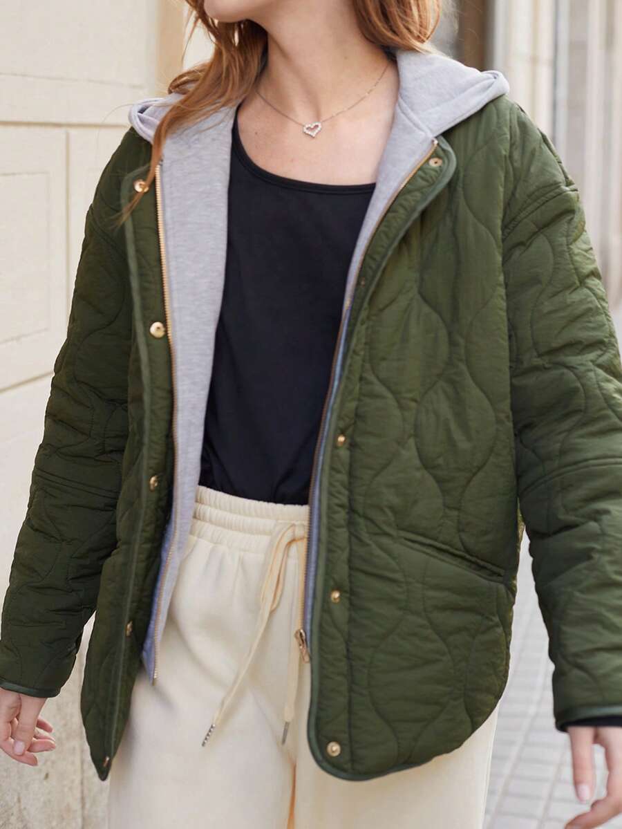 Maija Women's Hooded Solid Color Long Sleeve Simple Casual Jacket For Daily Wear ,Festival - Army Green - View 1