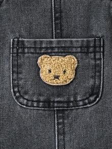 SHEIN Playful Pals Newborn Casual Washed Bear Graphic Denim Romper