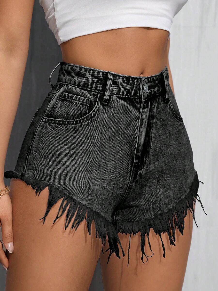 SHEIN Unity Quần short denim nữ mùa hè, phong cách thường ngày, năng động, thoải mái, thích hợp cho kỳ nghỉ, đi làm, với gấu quần rách. - Màu xám đen - Xem 1