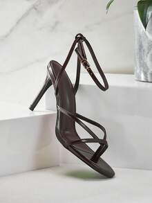 SHUZIA Women's Elegant Minimalist Patent PU Ankle Strap Stiletto Heel Sandals - Chocolate Brown - View 4
