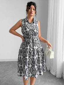 Elenzga 大码女式植物印花单排扣休闲无袖衬衫裙 - 彩色 - 查看 5