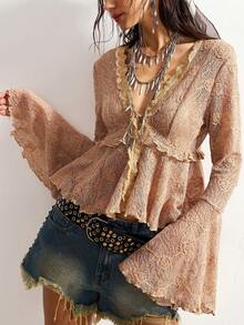 Bohemela Women's Casual Solid Color Flared Long Sleeve Blouse - Khaki - View 2