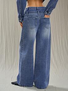 TRNVIE 女士休闲时尚街头风低腰纽扣宽松阔腿二合一牛仔裤 - 藍色 - 查看 2