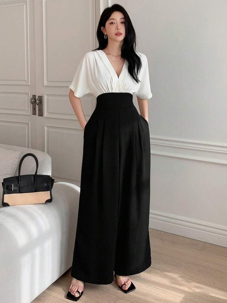 Women's Elegant Formal Jumpsuit With Contrast Color Blocking, V-Neck, Cinched Waist, Wide Leg Pants, Suitable For Spring And Autumn Jumpsuit