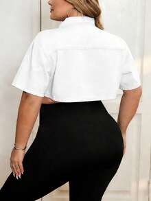 SHEIN CURVE+ Plus Size Women Blue Denim Lapel Short Sleeve Cropped Jacket - White - View 2