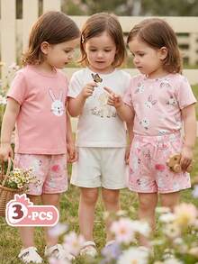 SHEIN Vintaside Kids 3pcs/Set Baby/Toddler Girls' Soft Loose Casual Versatile Short Sleeve Tees Tops, Pink, White, Rabbit And Deer Prints, Casual Summer Holiday Vacation Everyday Wear. Suitable For Beach Vacation, Park Outing, Daily Wear, Holiday Gathering, First Birthday Party, Sightseeing, Photoshoots, And Various Occasions. Ideal For Spring And Summer Wear - Multicolor - View 5