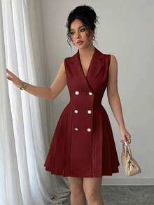 Rafferiza Women's Elegant Commuter Double-Breasted Pleated Hem Sleeveless Dress, Summer - Burgundy - View 3