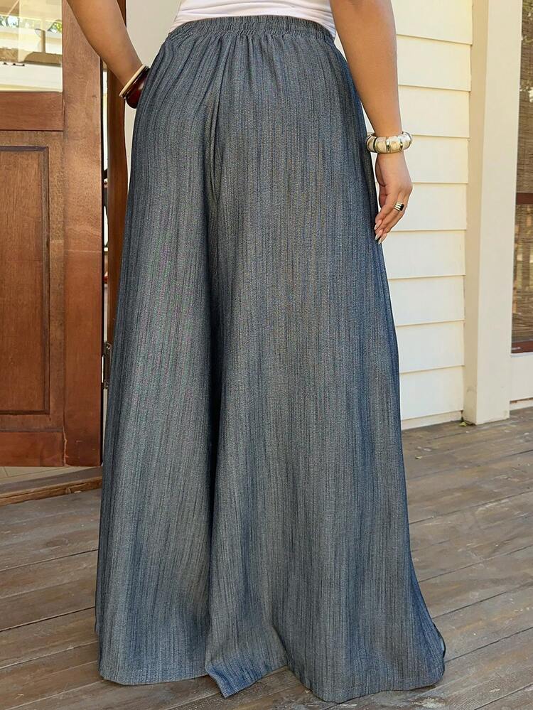 Dazy Plus Elastic Waist Drawstring Tie Wide Leg Pants Skirt, Long Casual Loose Plus Size Women Trousers