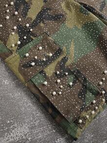 Manfinity EMRG Men's Summer Casual Camouflage Print Studded Rhinestone Denim Shorts - Army Green - View 5
