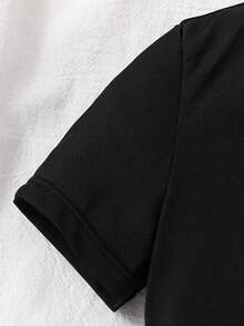 SHEIN Young Girl Solid Color Knit Mock Neck Half-Zip Fitted Casual Jumpsuit Activewear,Kids - Black - View 4