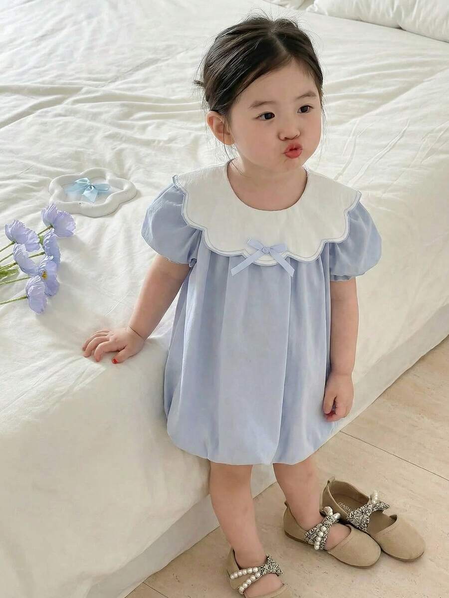 女婴优雅蓝白刺绣领蝴蝶结装饰短袖荷叶边迷你连衣裙 - 藍白色 - 查看 1