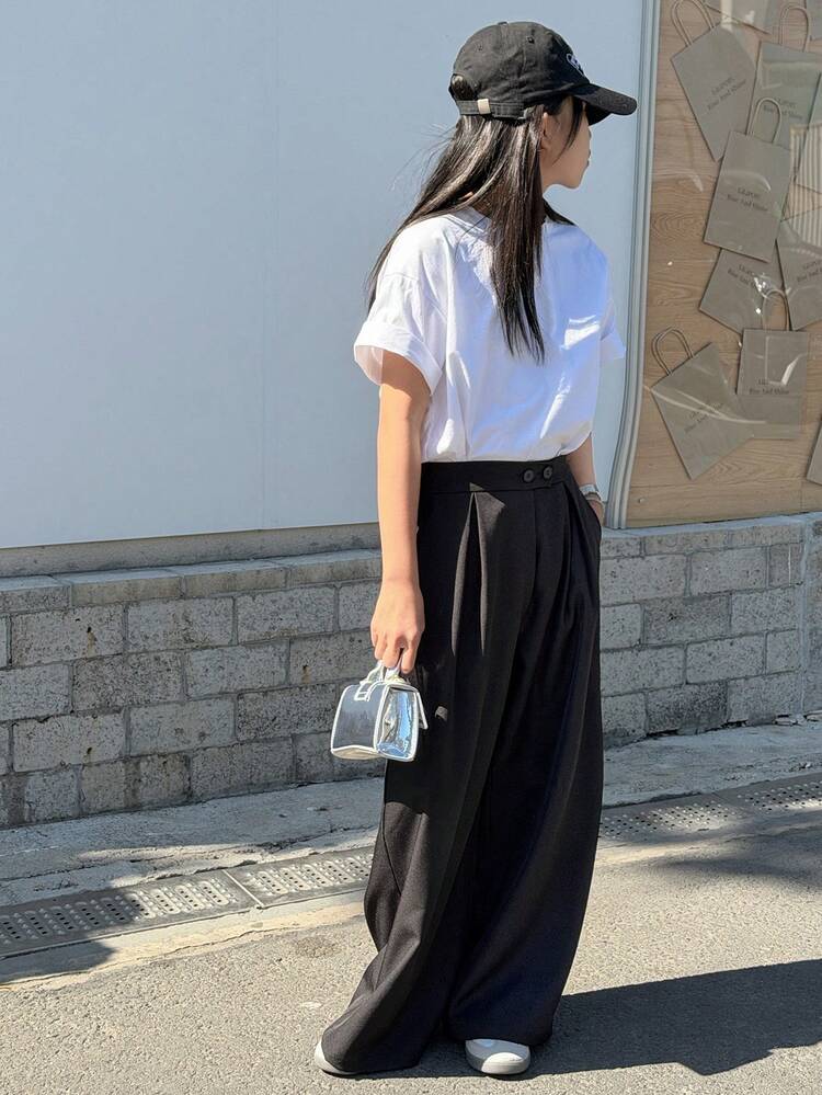 Tween Girls' Solid Color Waist Button Design Pleated Loose Wide Leg Pants