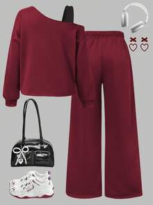 少女秋冬卫衣套装，斜肩带拼接短款蝴蝶结印花上衣 + 同款弹力腰直筒裤，两件套休闲装 - 紅色 - 查看 2