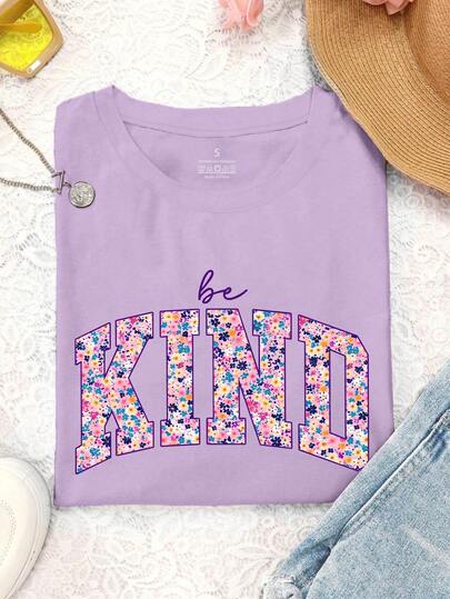 EMERY ROSE Women's Summer Tops 'be Kind' Floral Printed Graphic Tee Short Sleeve Casual Crew Neck T-Shirt