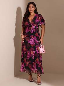 SHEIN BAE Plus Size Women Purple Floral Ruffle Sleeve Dress,Christmas,Dresses For Woman	,Christmas Outfit Women,Christmas Party Dress,Thanksgiving Outfit Women,Sexy Dress,Dresses For Ladies,Formal Dress Plus Size,Curves Women Clothing,Christmas Outfit Women,Wedding Guest Dress ,Summer,Women's New Year's Eve Dresses,Elegant Dresses For Party,Graduation ,Vacation,Birthday Party Dress,Cocktail Party Dress,Purple Dress,Winter ,Spring,Summer,Christmas ,New Year,Party ,Elegant,Casual Dresses For Women,Vacation Outfits Women ,Valentine's Day,Wedding, Birthday, Formal,Wedding, Birthday, Formal, Floral Dress Women Elegant, Women Vacation Dress, Long Dresses - Purple - View 4