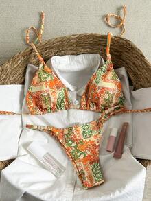 Swim Mod Springbreak 女士随机印花串珠吊带性感比基尼泳衣套装，夏季沙滩装 - 彩色 - 查看 3