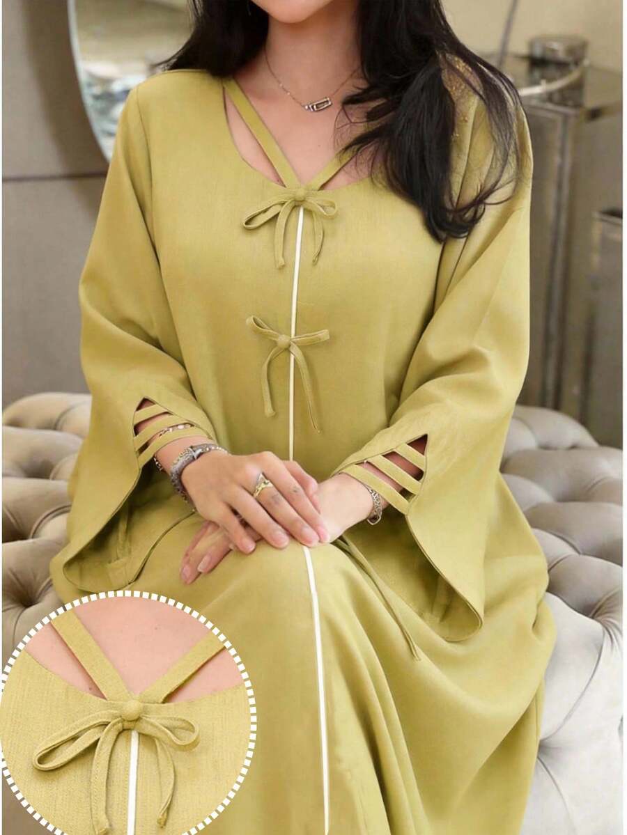 Yasmyna 女士纯色扭结镂空V领长袖土耳其长裙和阿拉伯传统罩袍 - 黃色 - 查看 1