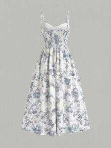 SHEIN 少女碎花无袖中长连衣裙 - 藍白色 - 查看 3