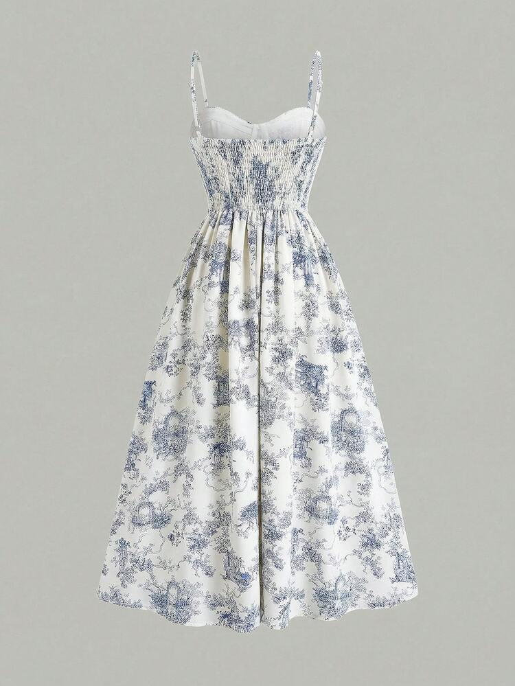 SHEIN Tween Girls Sleeveless Spaghetti Strap Blue And White Polyester Long Vacation Dress With Flared Plants Pattern Blue And White Floral Dress Girls Teen Girl Summer Long Dress Tween Blue And White Dress Kids Maxi Dress - Blue and White - View 3