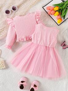 SHEIN 两件套女婴甜美公主裙套装，粉色荷叶边袖外套+无袖连衣裙，松紧腰蝴蝶结设计，时尚百搭，适合日常穿着 - 粉色 - 查看 2