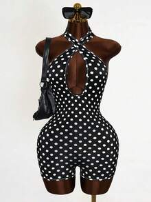 Mistrie Women's Casual Polka Dot Print Halter Neck Hollow Out Romper, Spring/Summer - Black - View 3