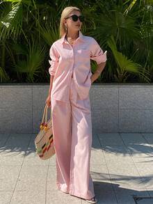 DAZY Women's Collared Loose Shirt And Straight-Leg Pants Casual Denim Set, Elegant And Girly Pink Aesthetic - Pink - View 5